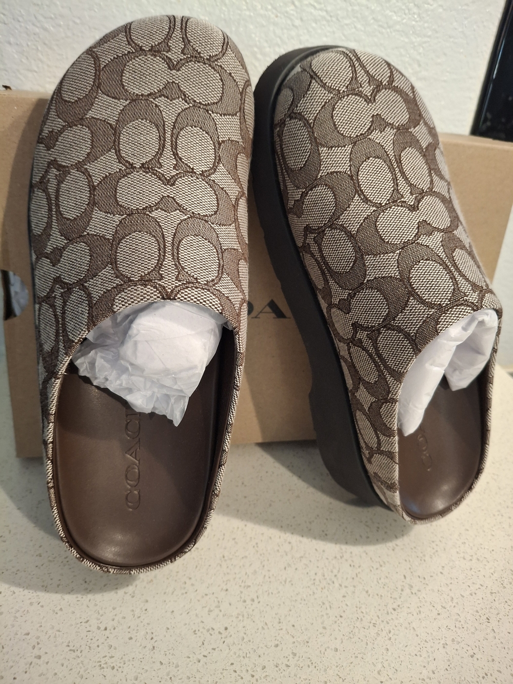 COACH Signature Monogram Slip-On Clogs in Khaki/Brown